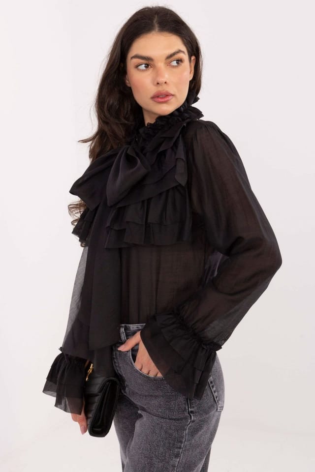Love Lace Love Lace Women's Tencel Blend Stand Collar Jabot Long Sleeve Shirt in Black - 2