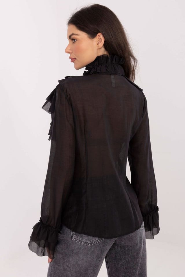 Love Lace Love Lace Women's Tencel Blend Stand Collar Jabot Long Sleeve Shirt in Black - 3