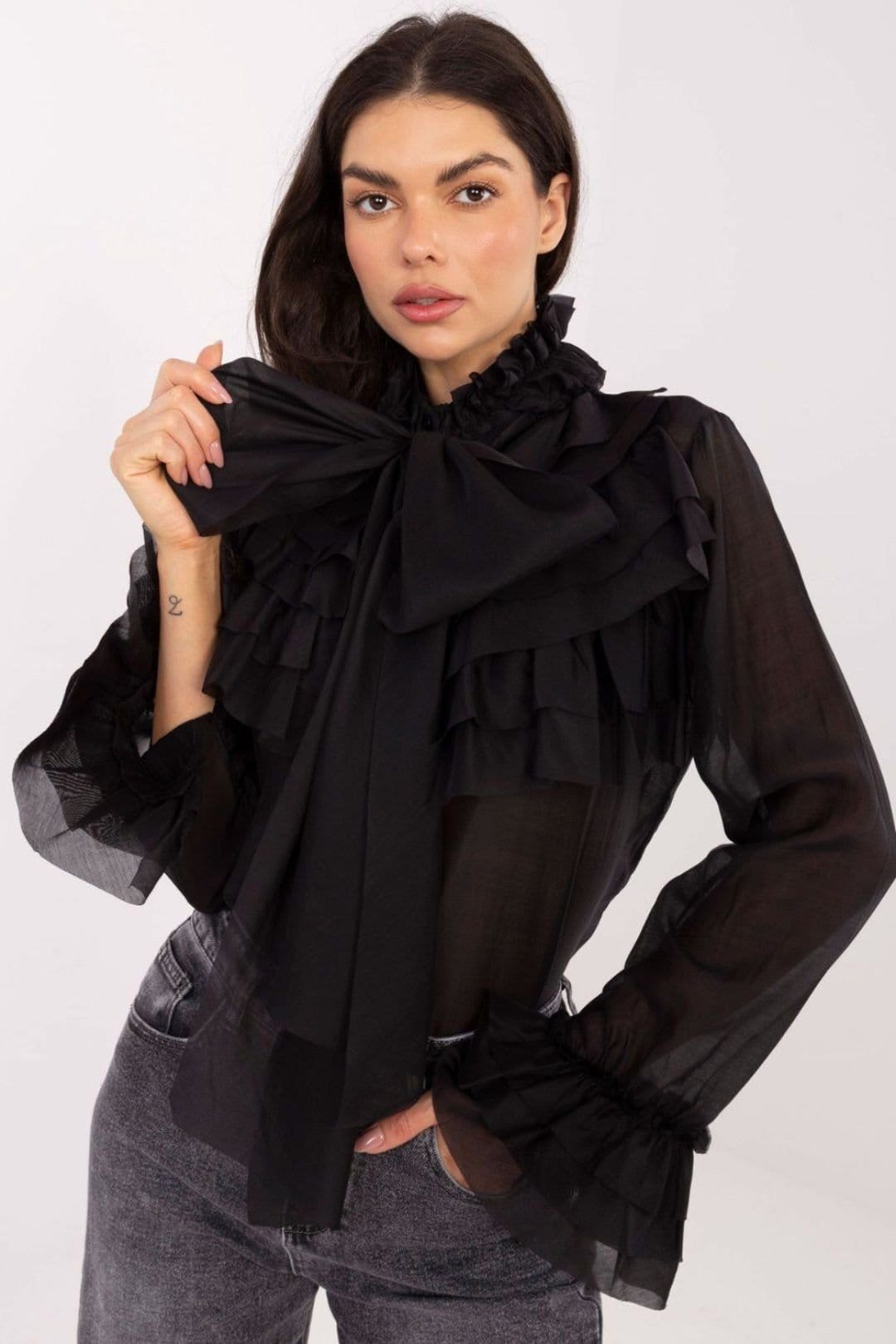 Love Lace Love Lace Women's Tencel Blend Stand Collar Jabot Long Sleeve Shirt in Black - 4