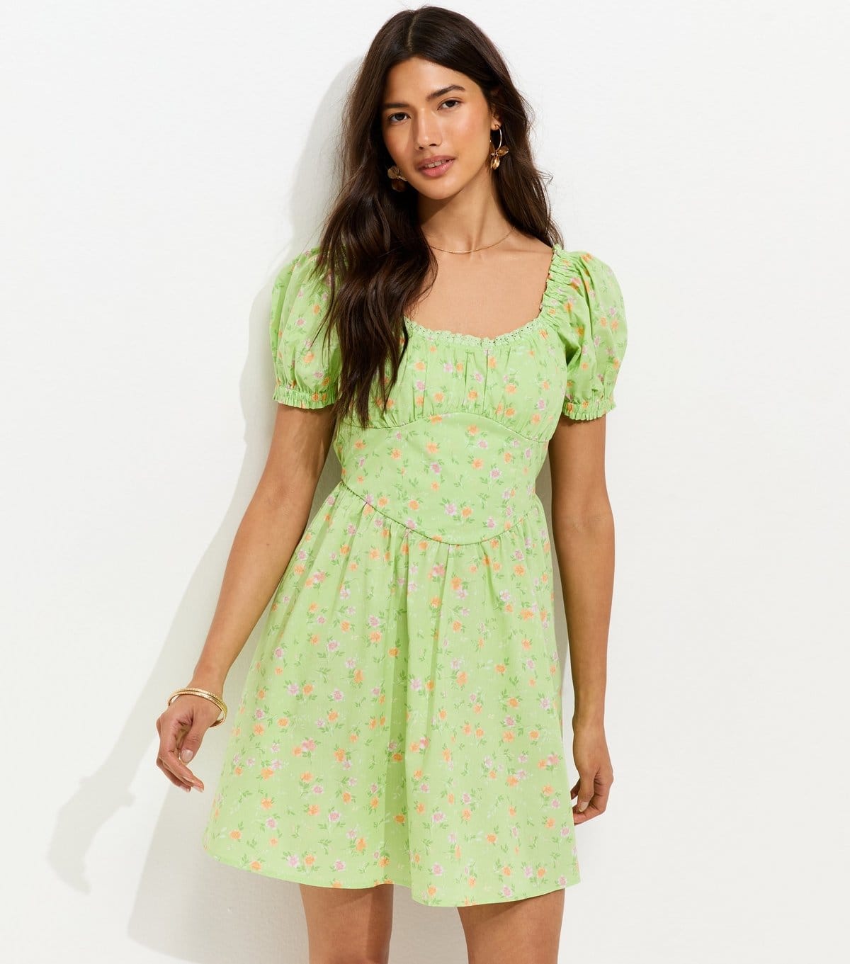 New Look Light Green Floral Print Milkmaid Mini Dress