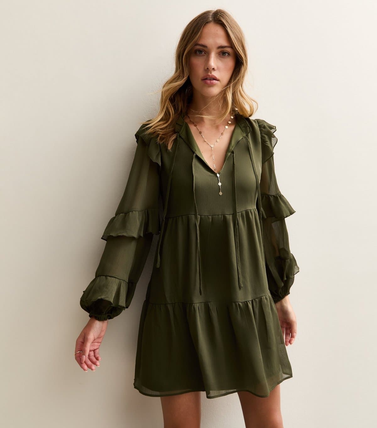 New Look Women's Khaki Ruffle Trimmed Tie Neck Chiffon Mini Dress New Look