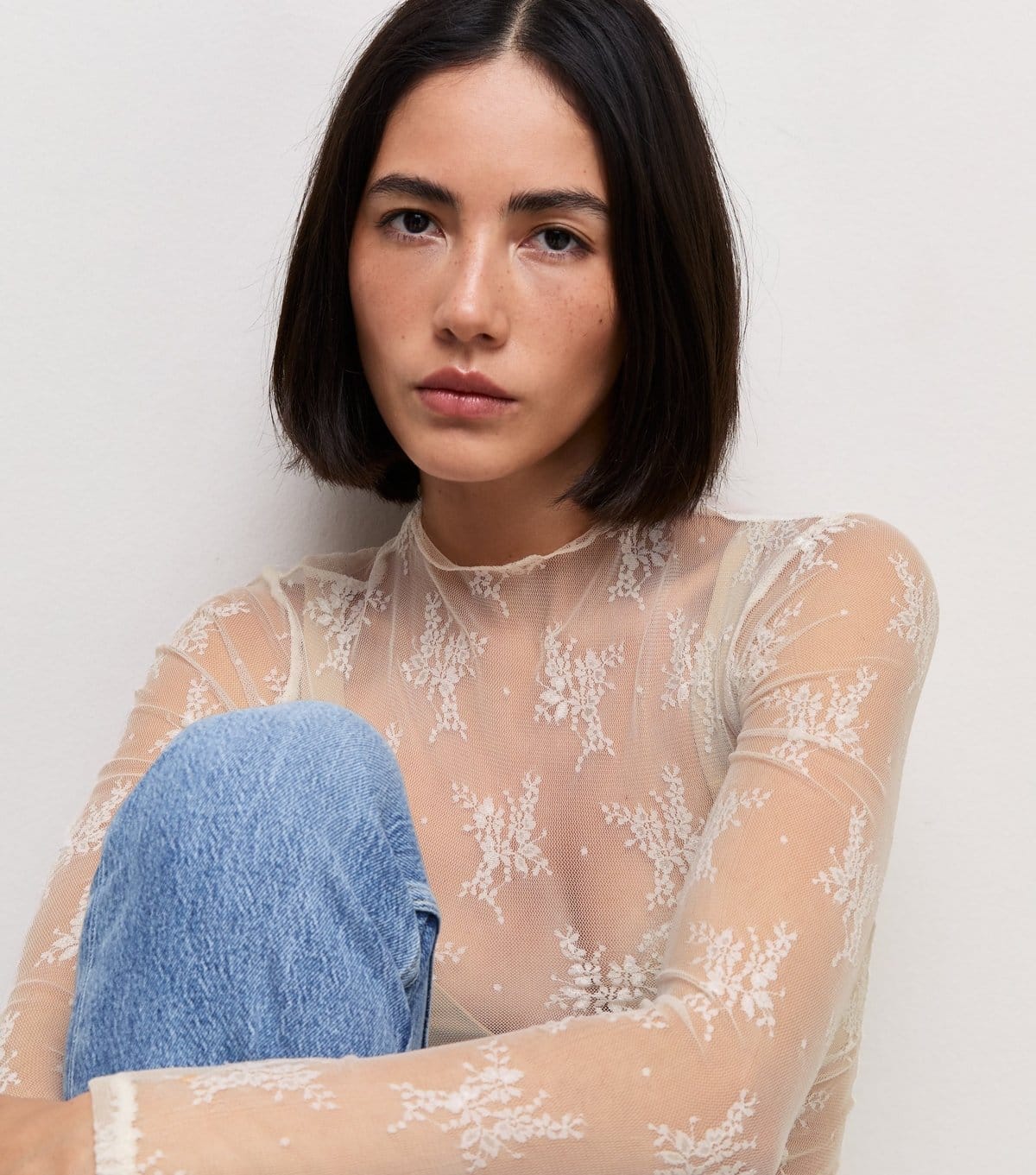 Women's Off White Sheer Floral Lace Long Sleeve Top New Look