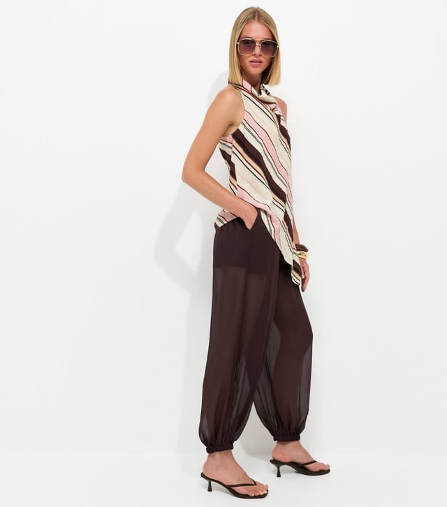 New Look Women's Dark Brown Sheer Chiffon Cuffed Trousers New Look - 3