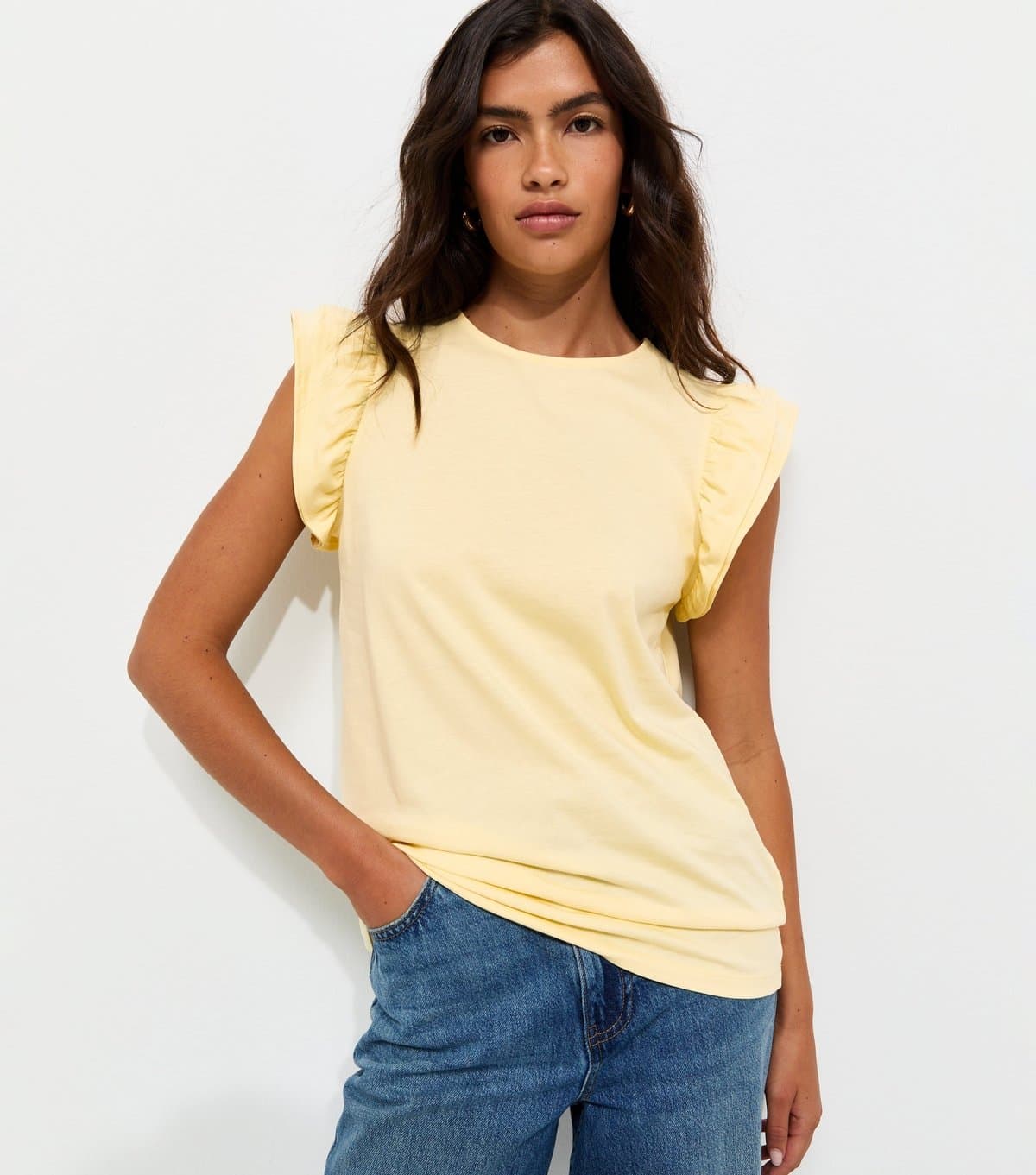 New Look Women's Light Yellow Cotton Frill Sleeve Top New Look