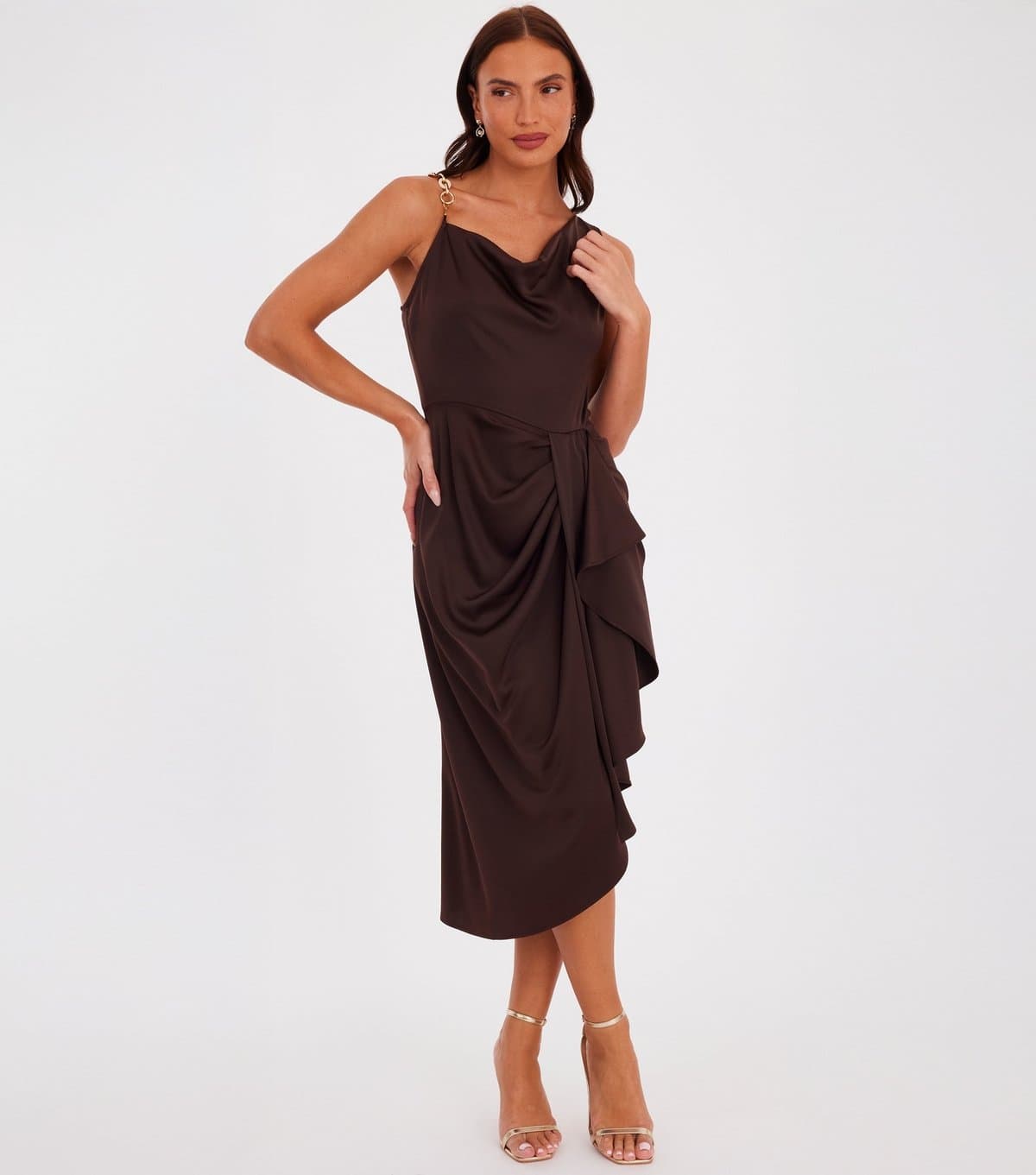 Quiz Women's Brown Satin Ruffled Midi Dress Quiz New Look