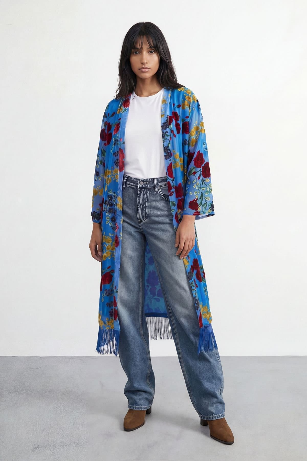 Warehouse Warehouse Women's Petite Premium Burnout Fringe Hem Midi Kimono in Blue