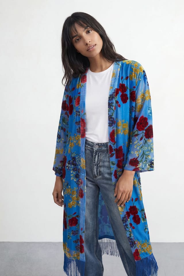 Warehouse Warehouse Women's Petite Premium Burnout Fringe Hem Midi Kimono in Blue - 2