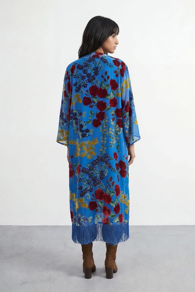 Warehouse Warehouse Women's Petite Premium Burnout Fringe Hem Midi Kimono in Blue - 3