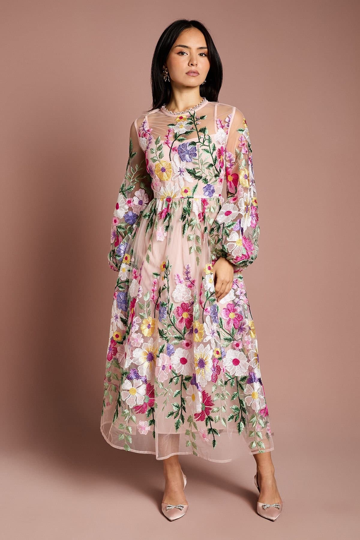 Coast Coast Women's Petite Long Sleeve Embroidered Maxi Dress in Peach