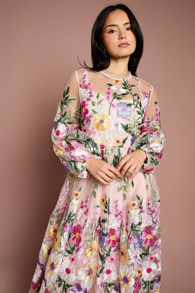 Coast Coast Women's Petite Long Sleeve Embroidered Maxi Dress in Peach - 2