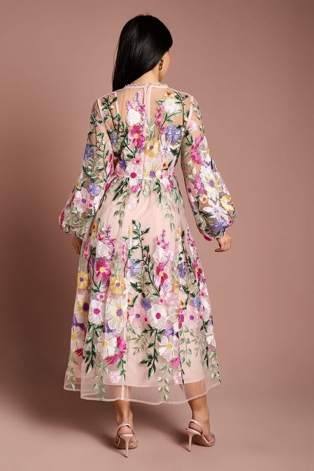 Coast Coast Women's Petite Long Sleeve Embroidered Maxi Dress in Peach - 3