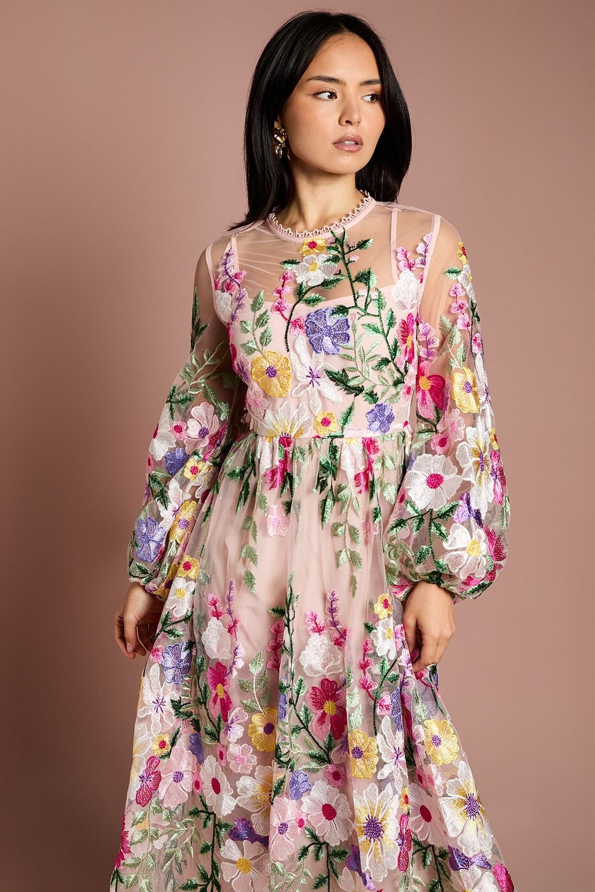 Coast Coast Women's Petite Long Sleeve Embroidered Maxi Dress in Peach - 4