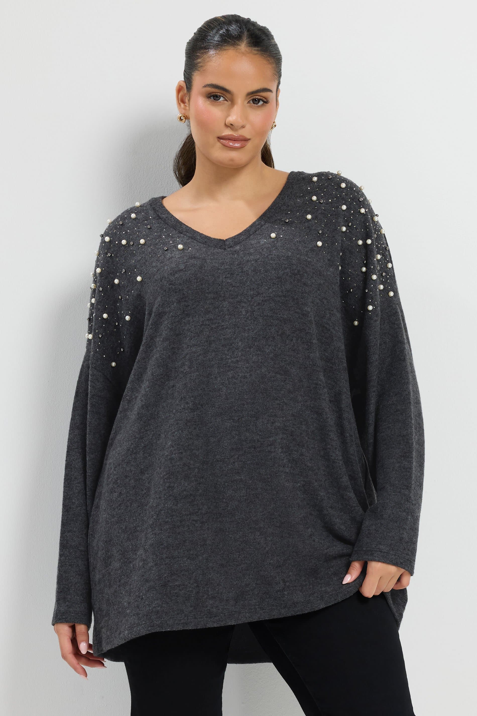 Yours Plus Size Grey Pearl Detail Jumper