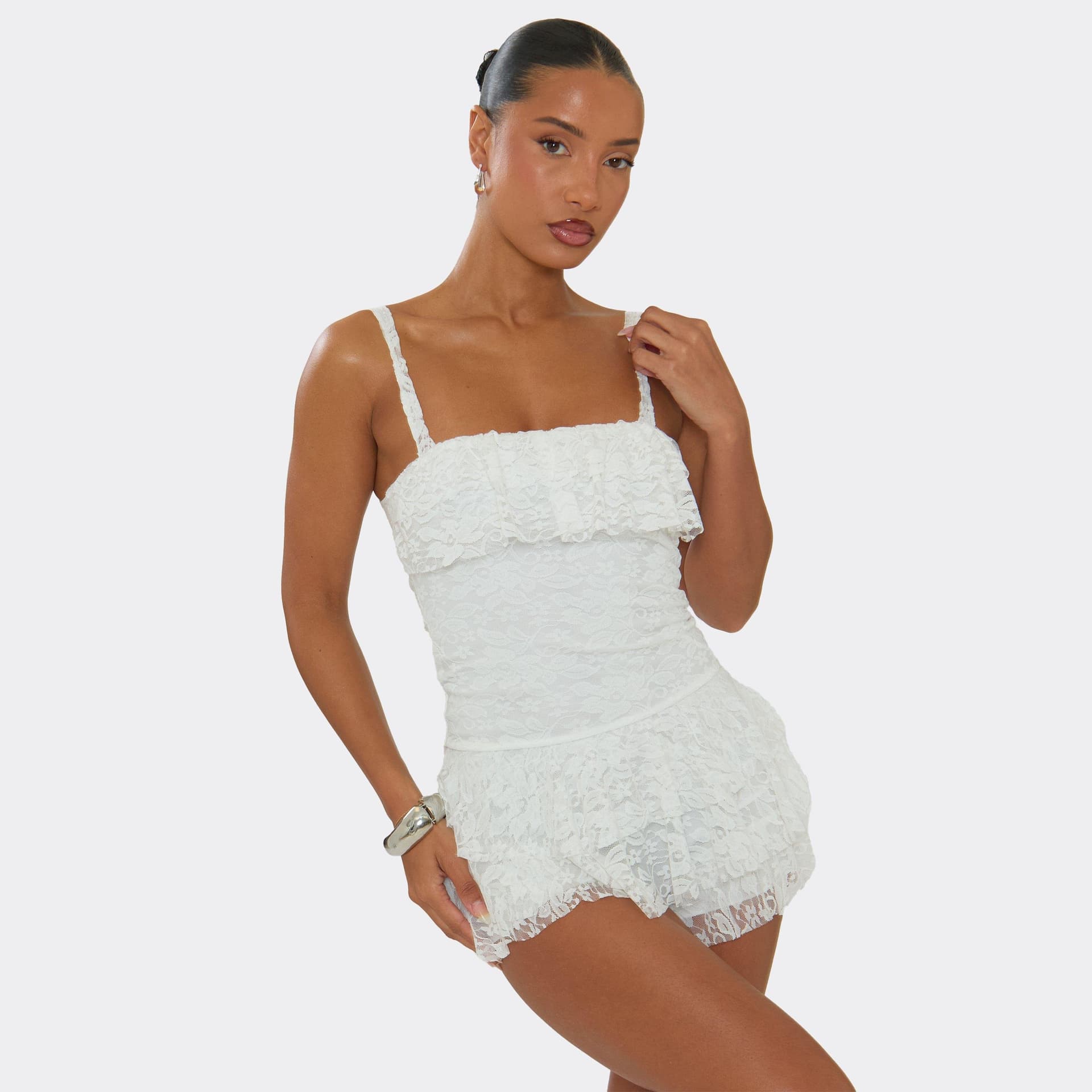 EGO Square Neck Ruffle Detail Playsuit In White Lace, Women's Size UK 6