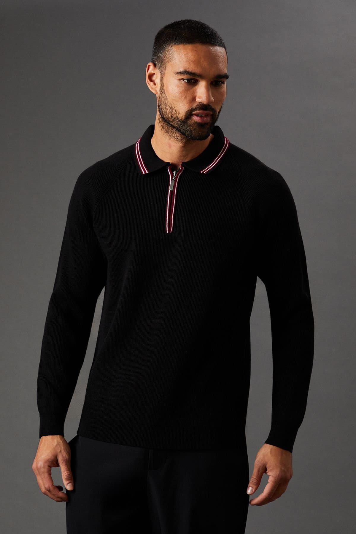 Burton Burton Men's Fine Gauge Long Sleeve Zip Neck Knitted Polo in Black