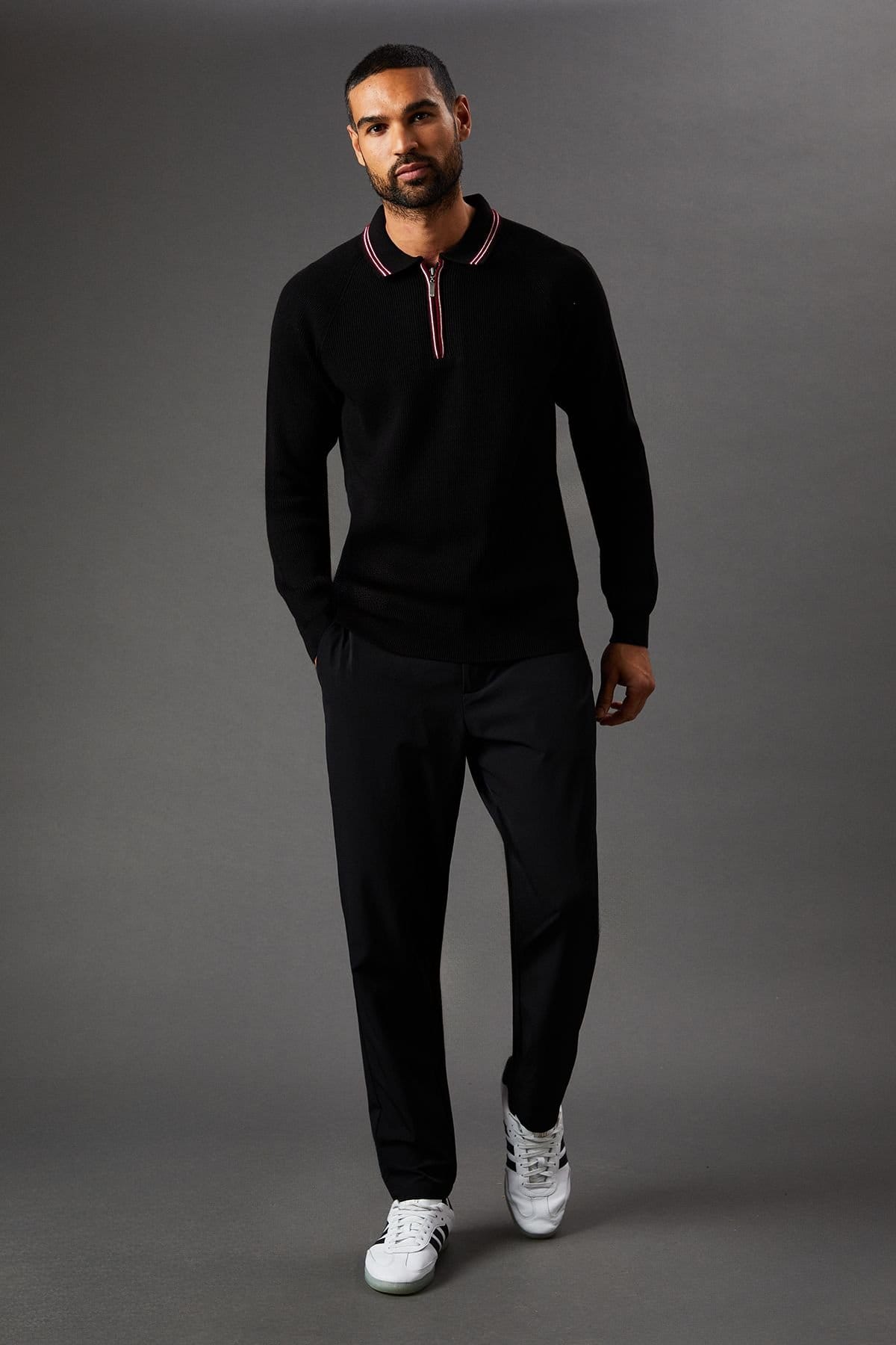 Burton Burton Men's Fine Gauge Long Sleeve Zip Neck Knitted Polo in Black - 4