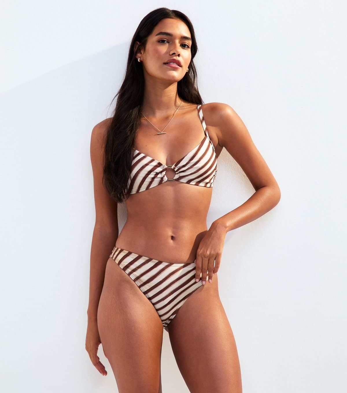 New Look Women's Brown Diagonal Stripe High Cut Leg Bikini Briefs New Look