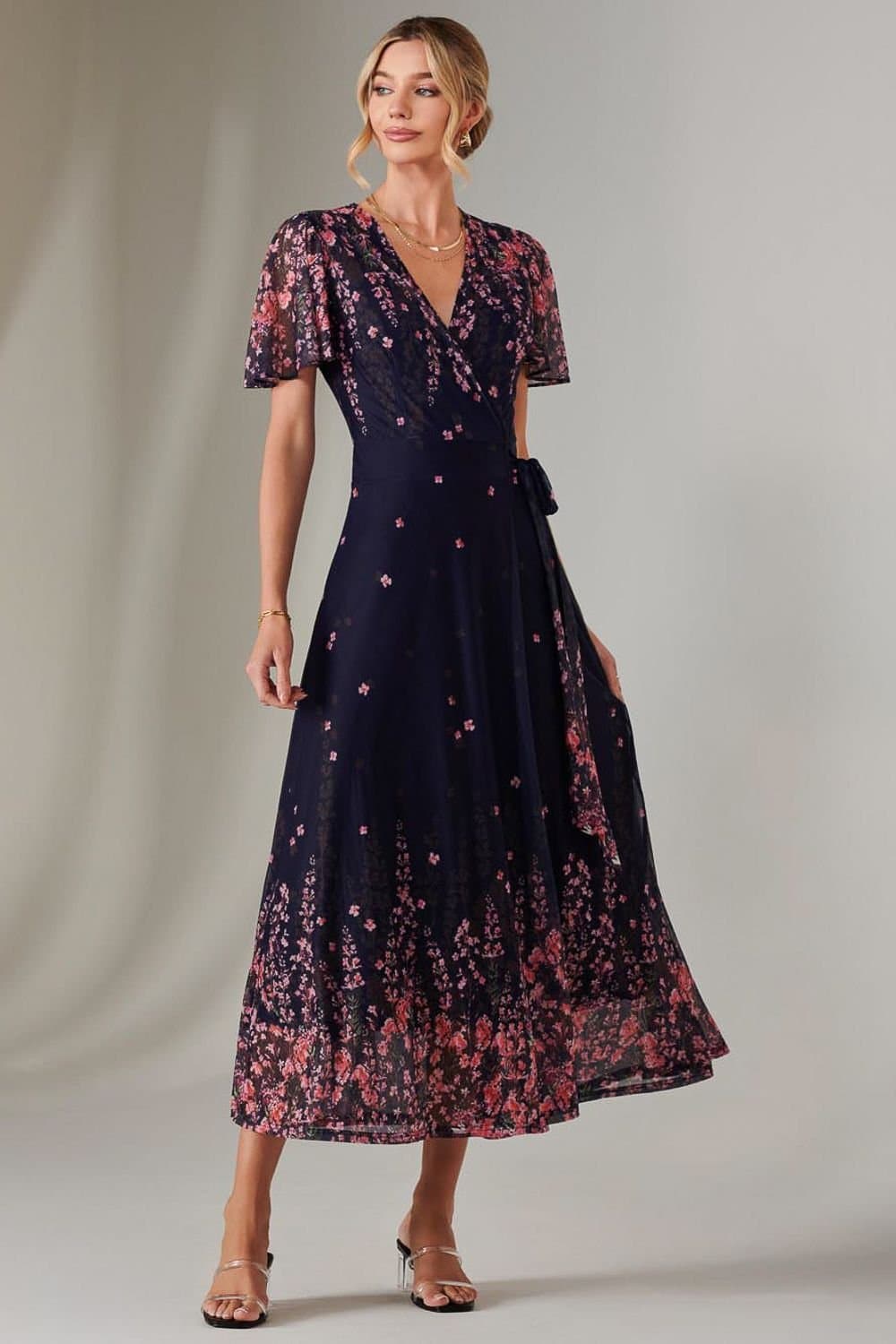 Jolie Moi Jolie Moi Women's Mirror Print Mesh Wrap Maxi Dress in Navy