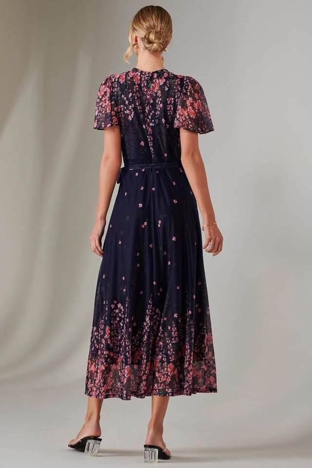 Jolie Moi Jolie Moi Women's Mirror Print Mesh Wrap Maxi Dress in Navy - 2