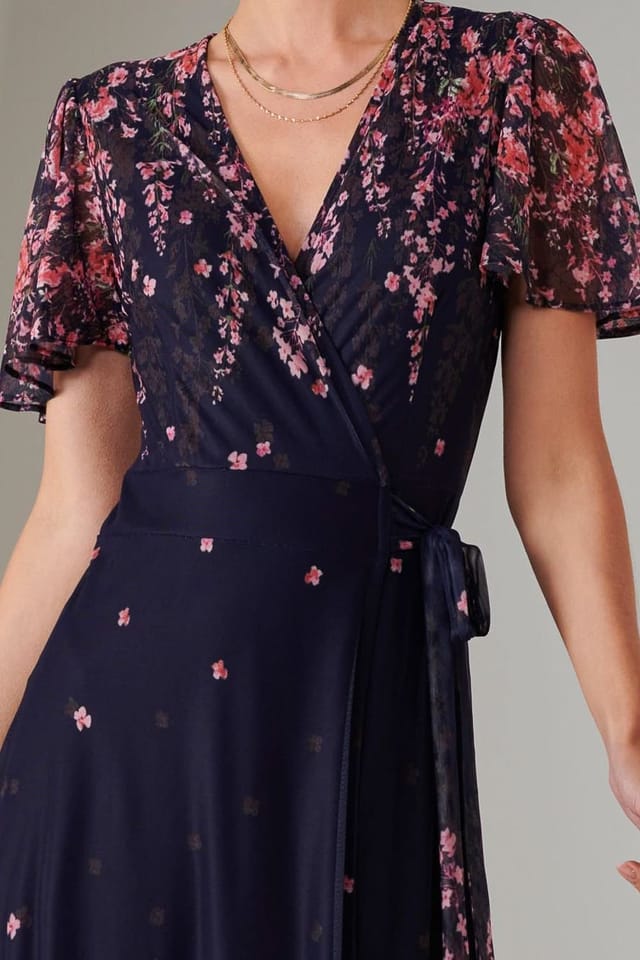 Jolie Moi Jolie Moi Women's Mirror Print Mesh Wrap Maxi Dress in Navy - 3