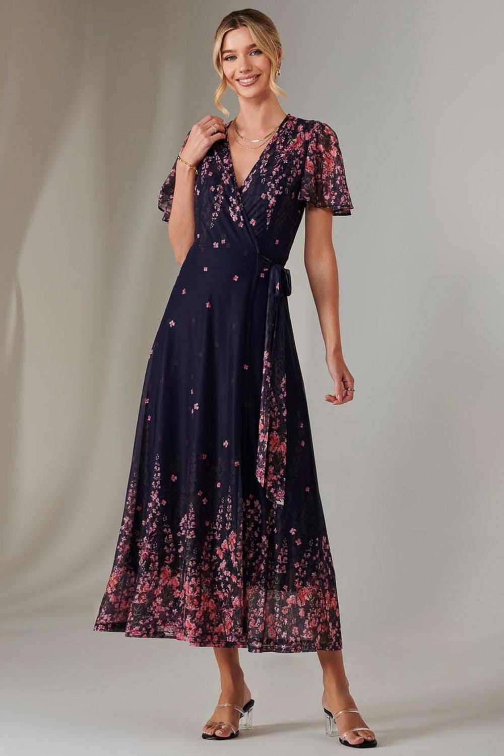 Jolie Moi Jolie Moi Women's Mirror Print Mesh Wrap Maxi Dress in Navy - 4