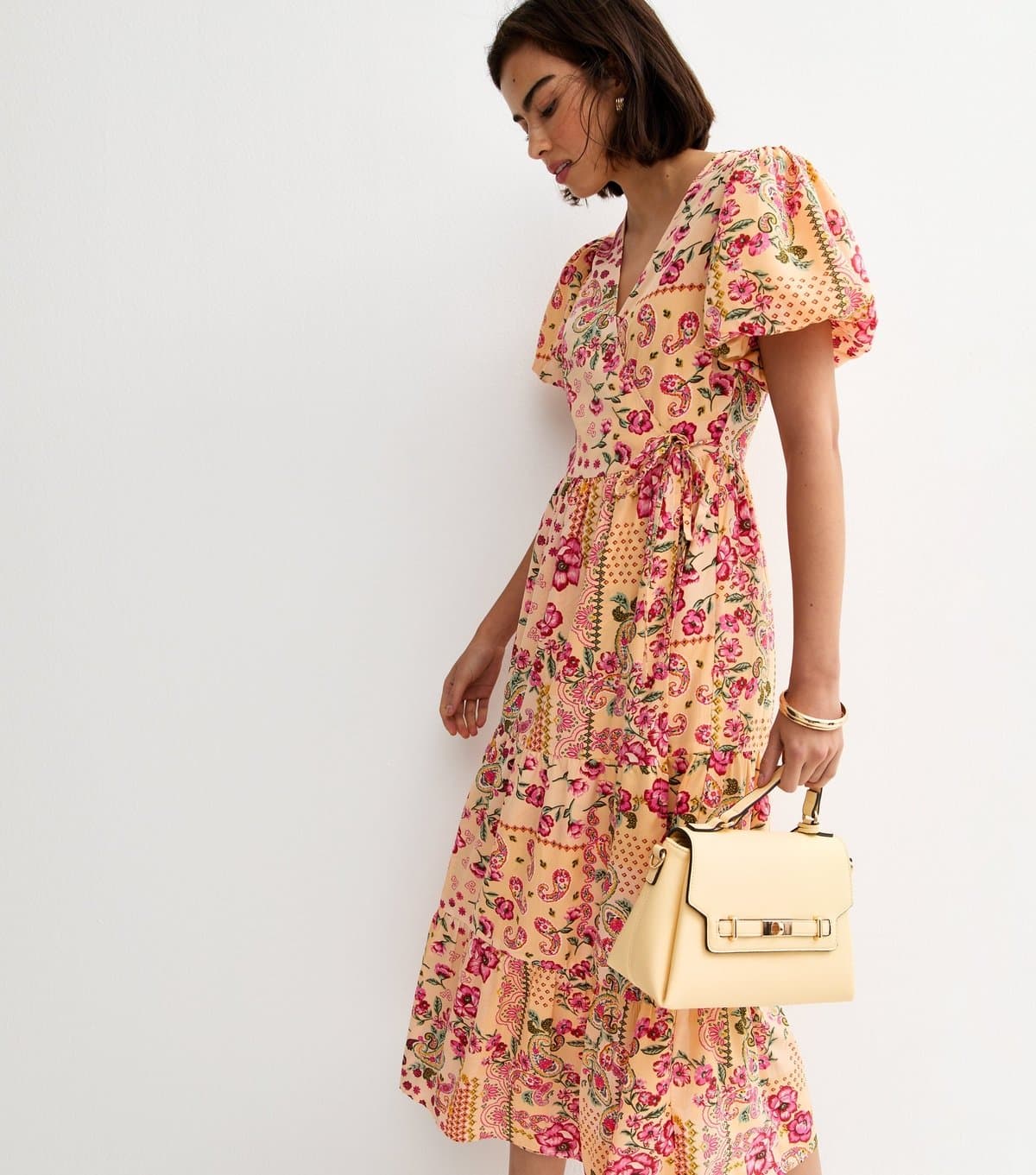 New Look Women's Pink Crepe Patch Print Wrap Midi Dress New Look