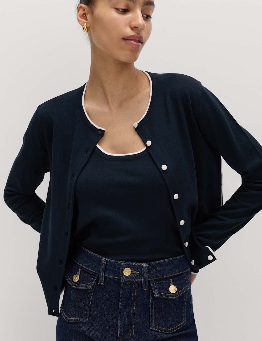 Marks & Spencer M&S Tipped Detail Slim Fit Cardigan Navy Mix