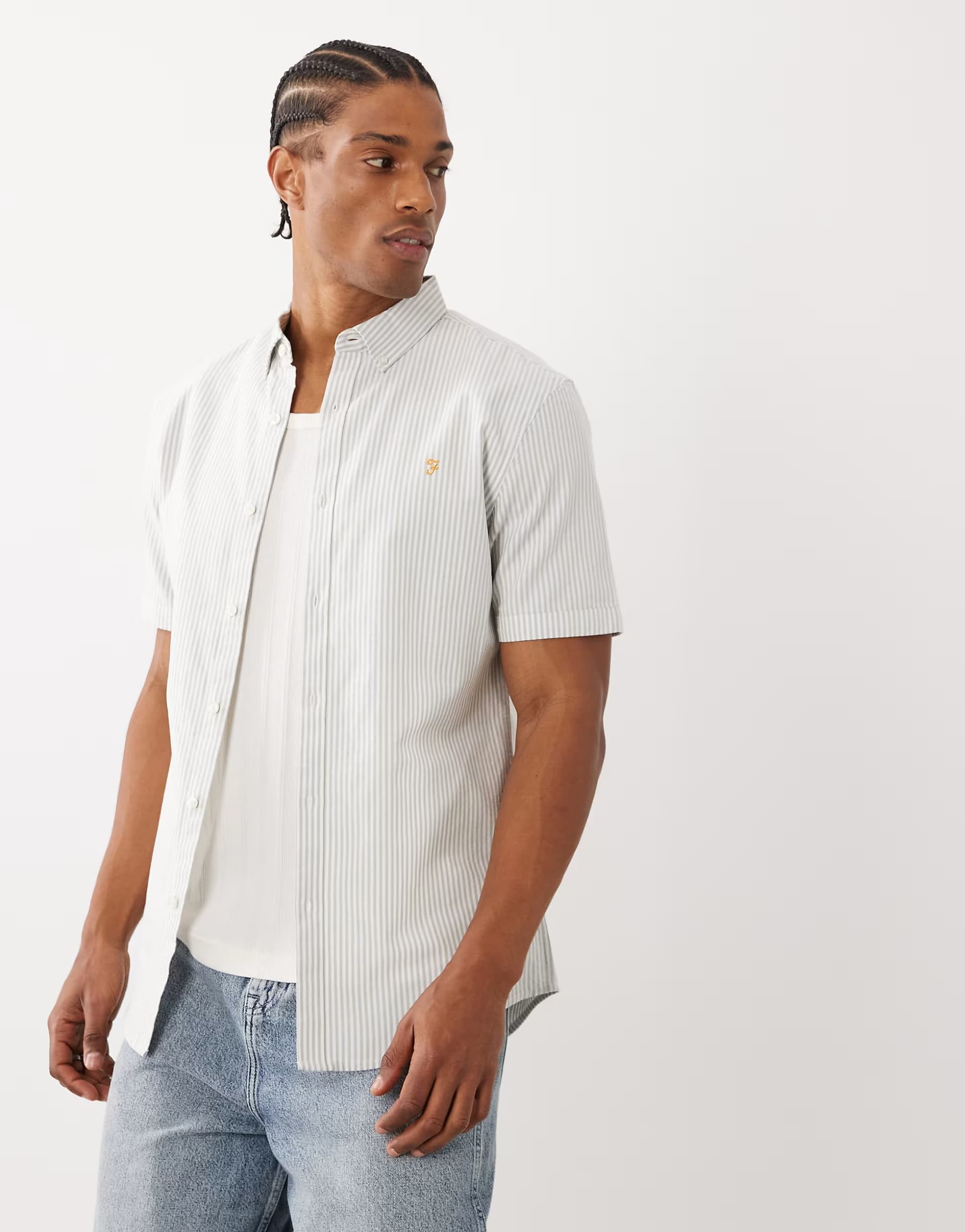ASOS Farah Brewer short sleeve logo stripe shirt in brown/white