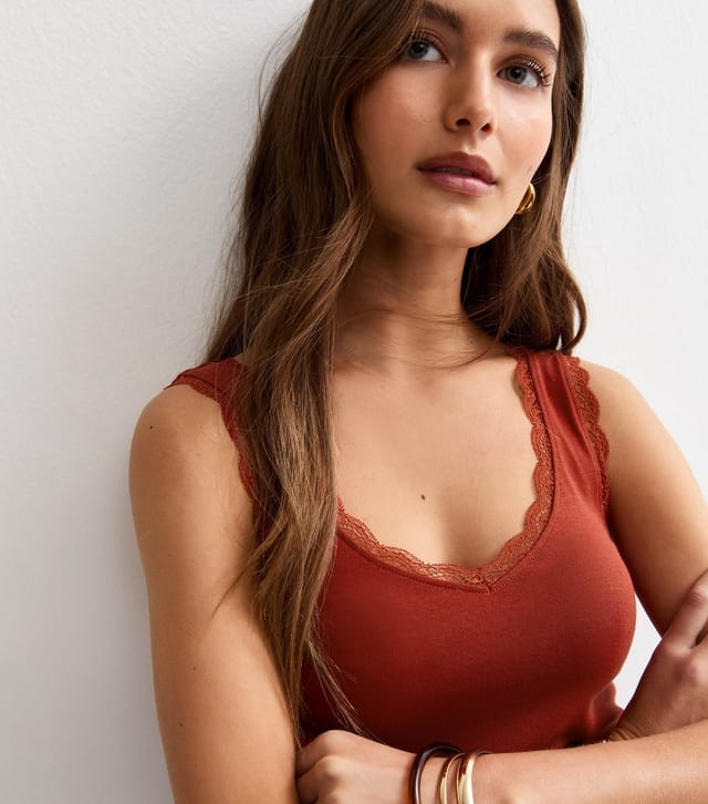 New Look Women's Dark Red Lace Trim Vest New Look - 2