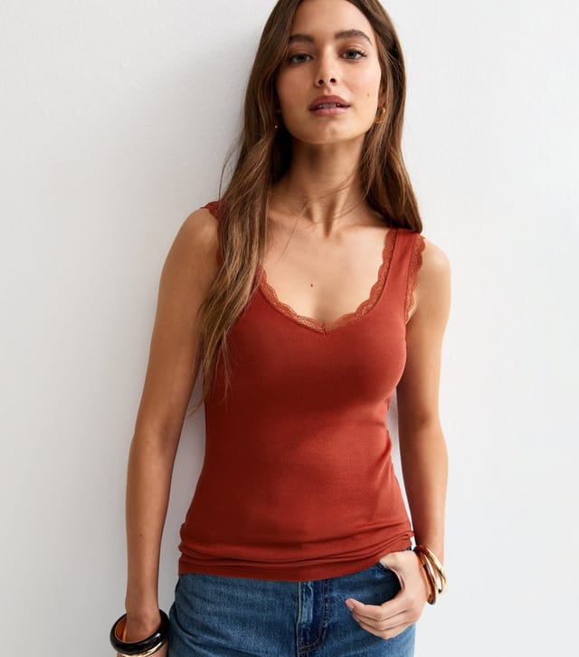 New Look Women's Dark Red Lace Trim Vest New Look - 3