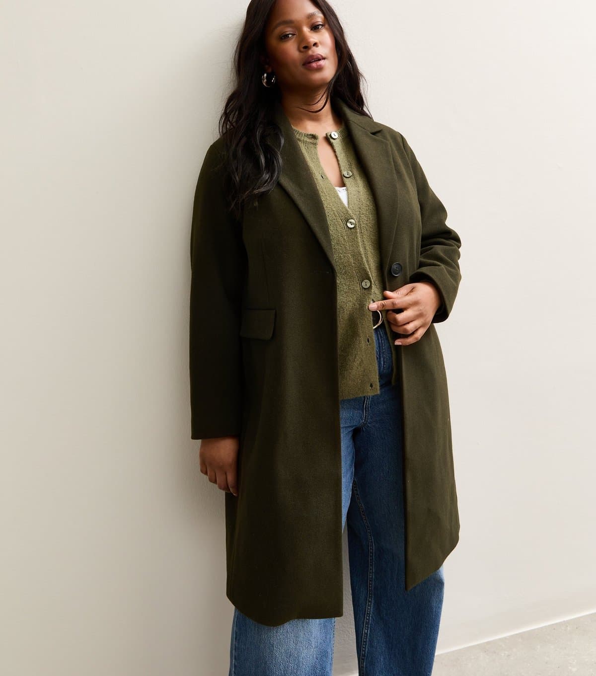 New Look Women's Plus Size Dark Khaki Buttoned Lined Coat Curves New Look