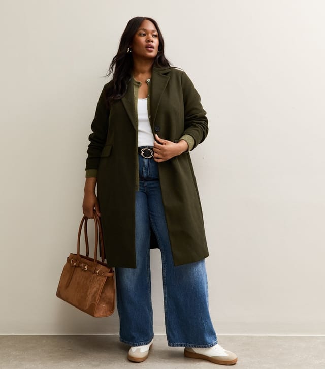 New Look Women's Plus Size Dark Khaki Buttoned Lined Coat Curves New Look - 3