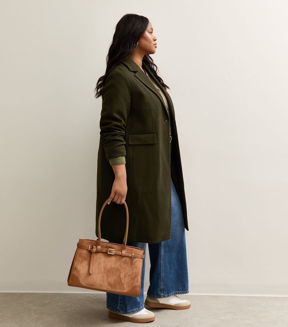New Look Women's Plus Size Dark Khaki Buttoned Lined Coat Curves New Look - 4
