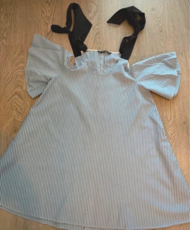 Zara Zara Basic Blue & White Striped Cold Shoulder Dress with Black Tie Straps XS