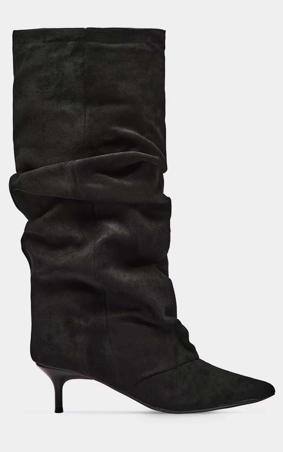 EGO Pixi Pointed Toe Slouched Kitten Heel Knee High Boot In Black Faux Suede, Women's Size UK 3