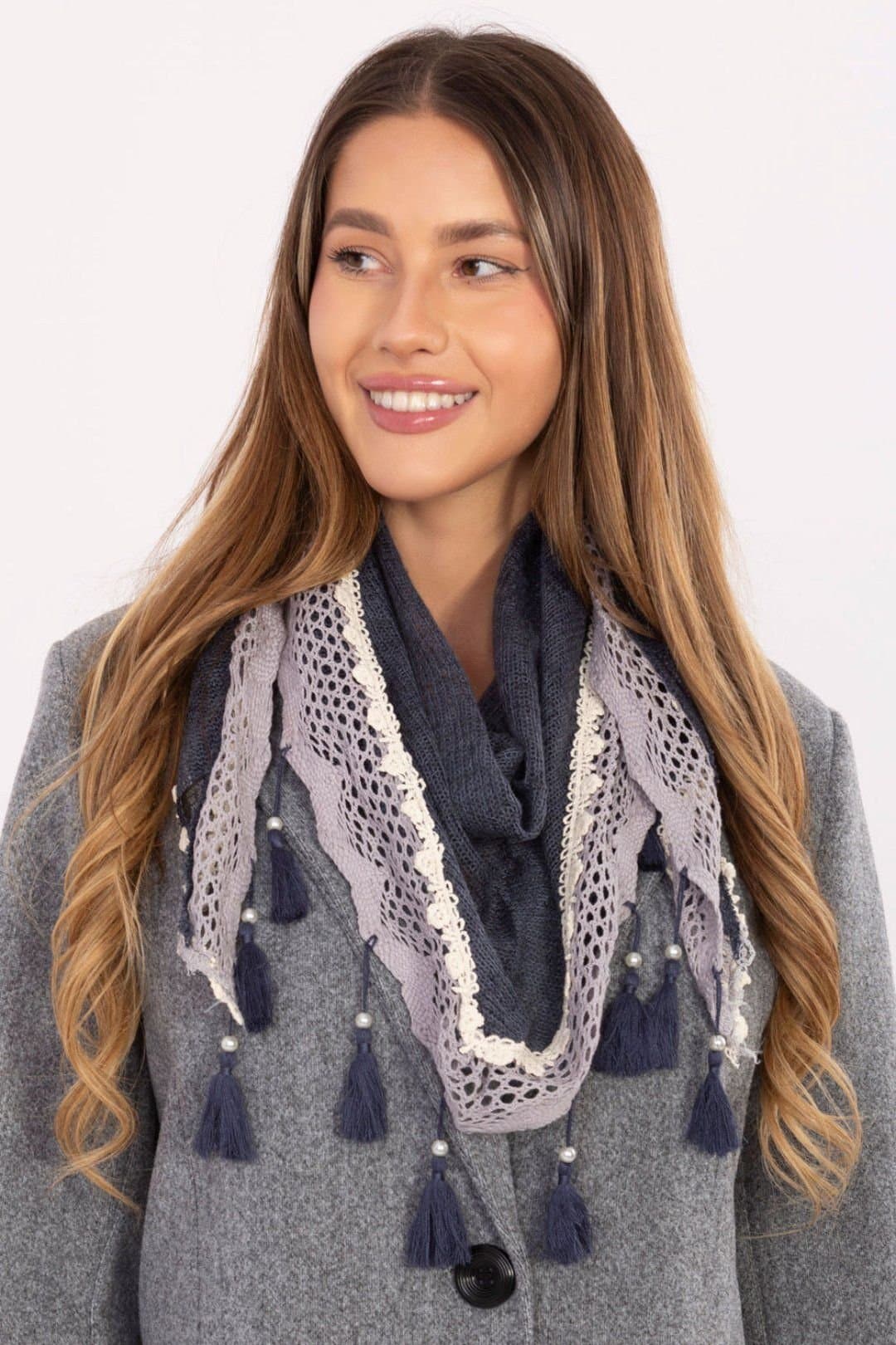 Love Lace Love Lace Women's Elegant Viscose Lace Triangle Scarf with Pearl Fringe Detail in Blue