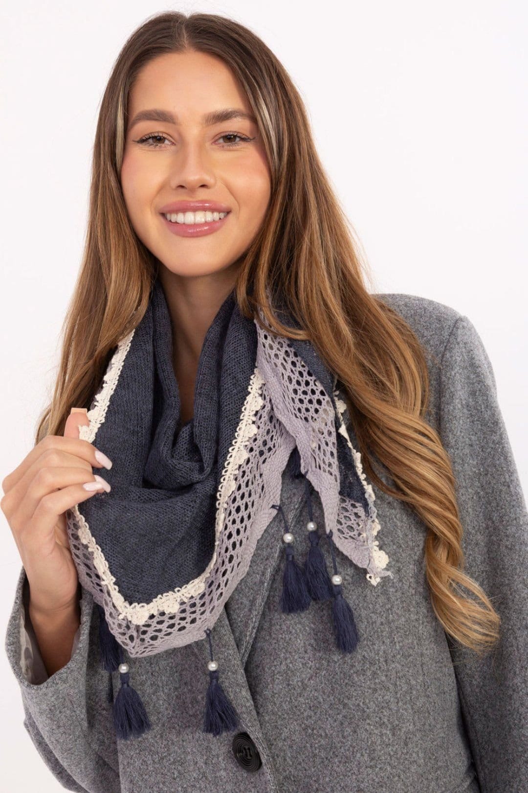 Love Lace Love Lace Women's Elegant Viscose Lace Triangle Scarf with Pearl Fringe Detail in Blue - 4