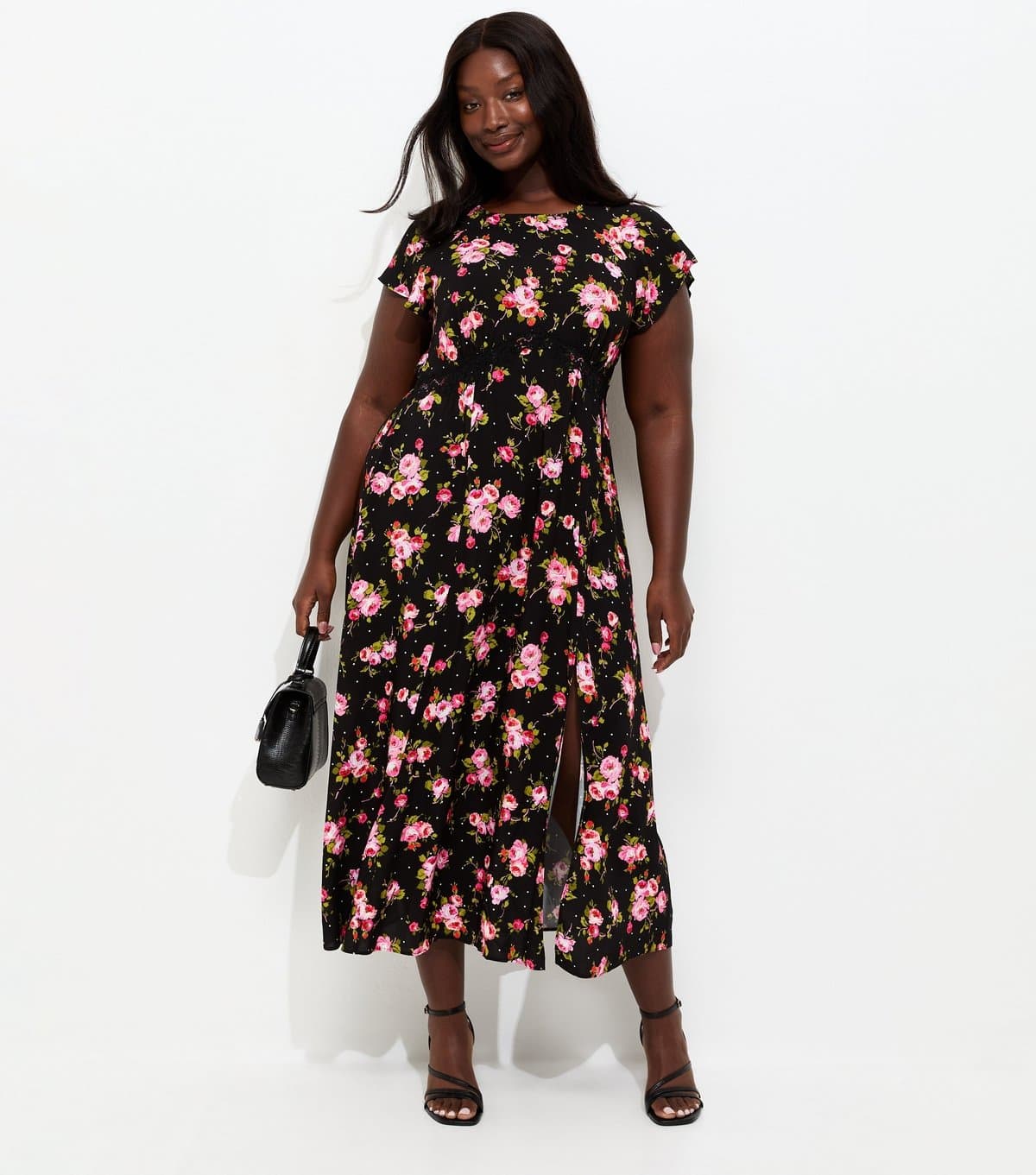 New Look Women's Plus Size Black Floral Print Lace Trim Midi Dress Curves New Look