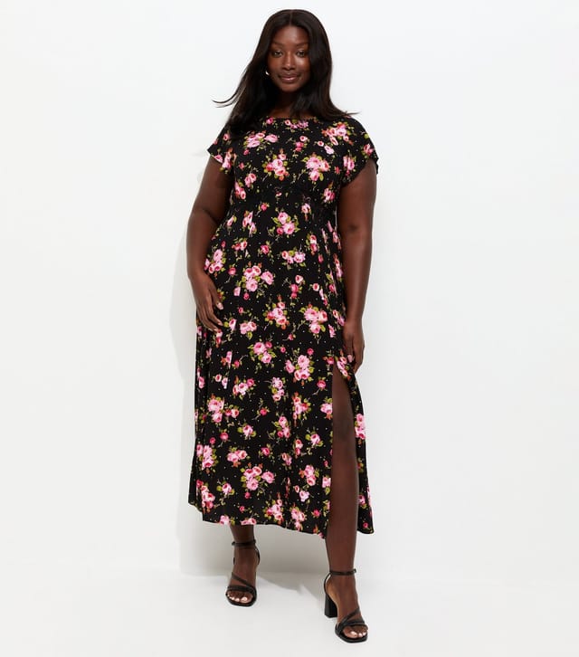 New Look Women's Plus Size Black Floral Print Lace Trim Midi Dress Curves New Look - 3