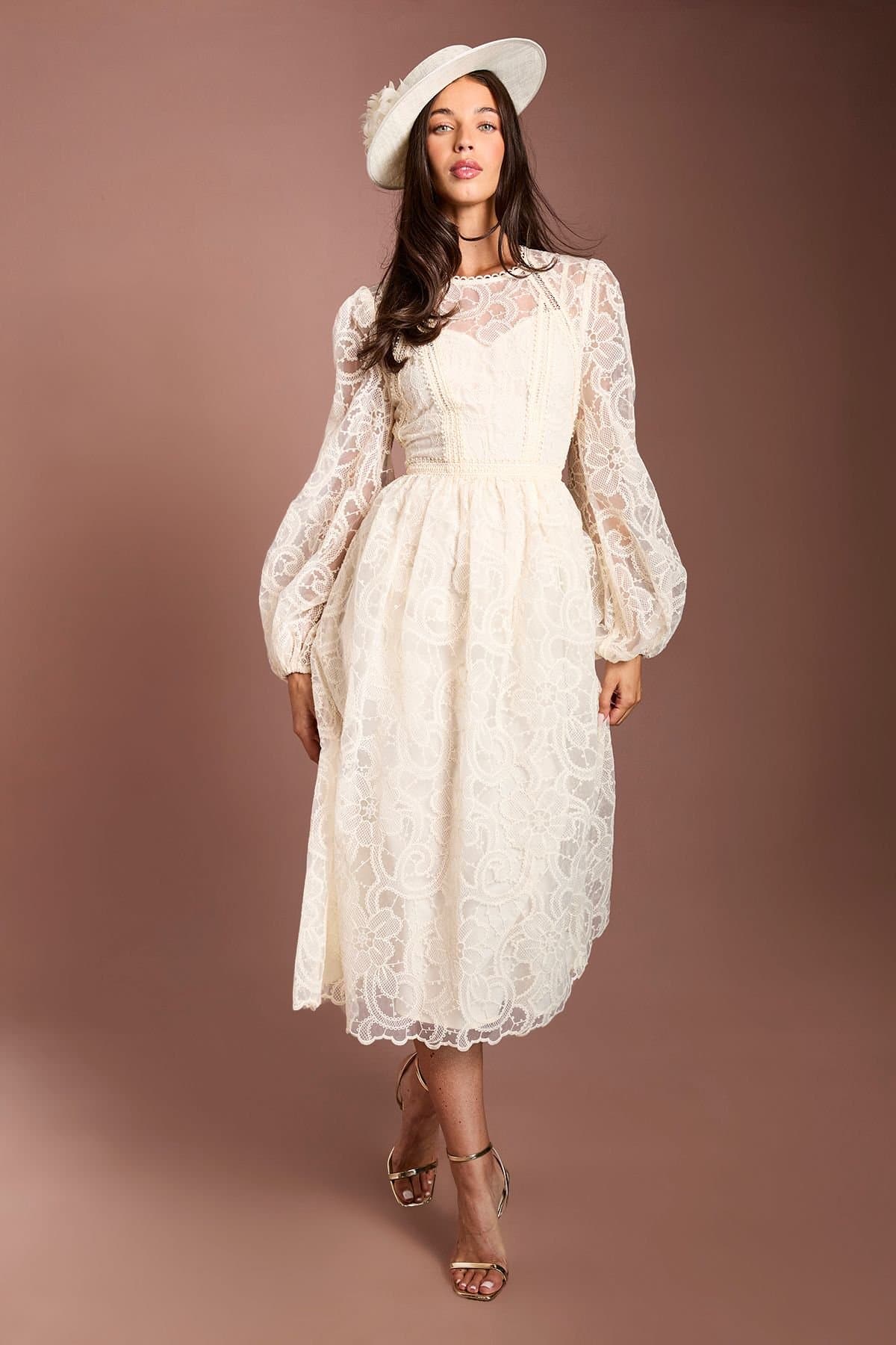 Coast Coast Women's Lisa Tan Sleeve Embroidered Organza Midi Dress in Ivory