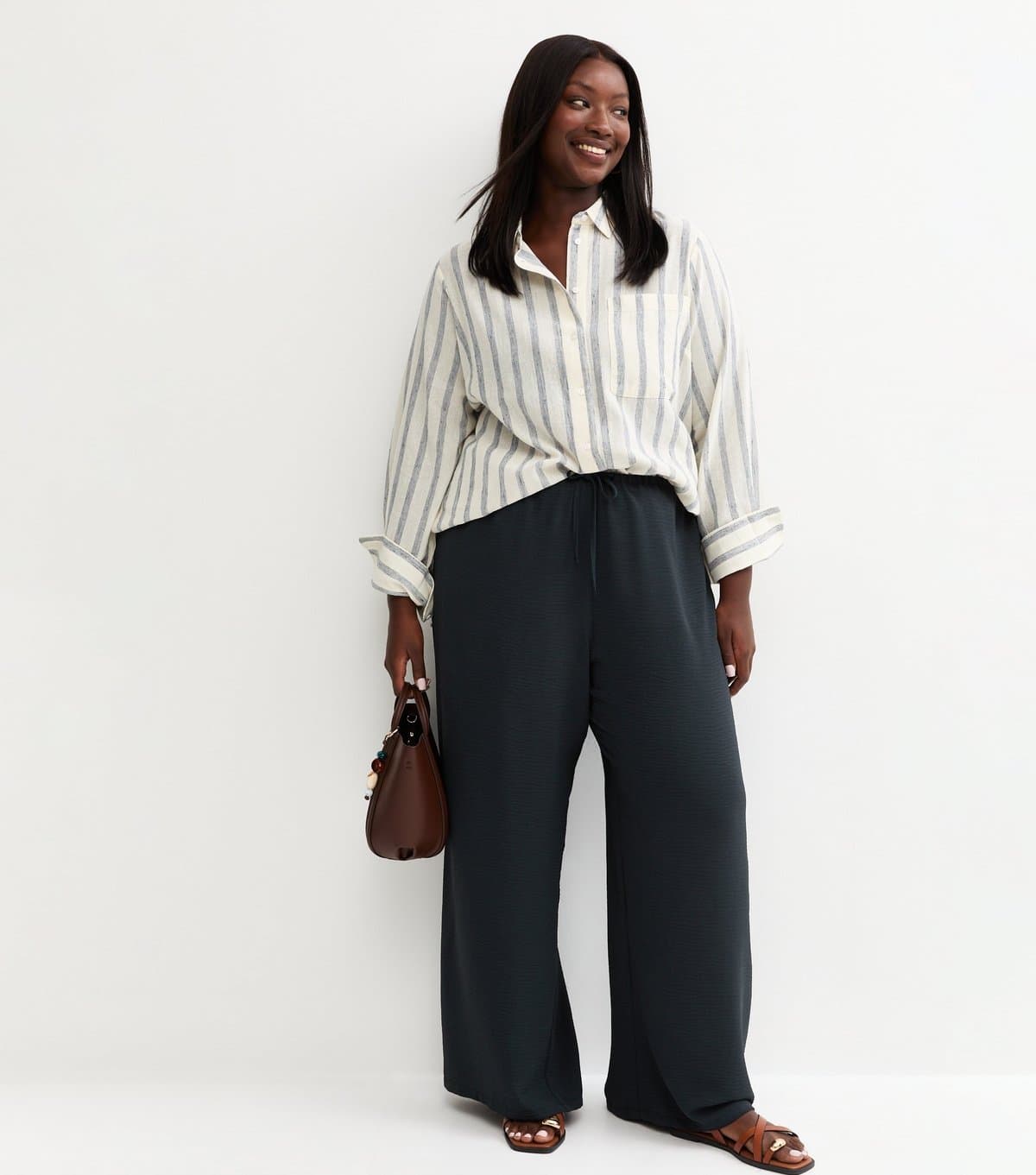 New Look Women's Plus Size Navy Drawstring Wide Leg Trousers Curves New Look