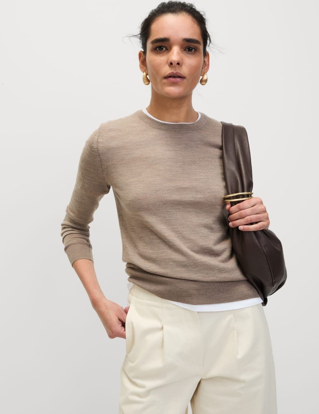 Marks & Spencer M&S Crew Neck Jumper in Cappuccino