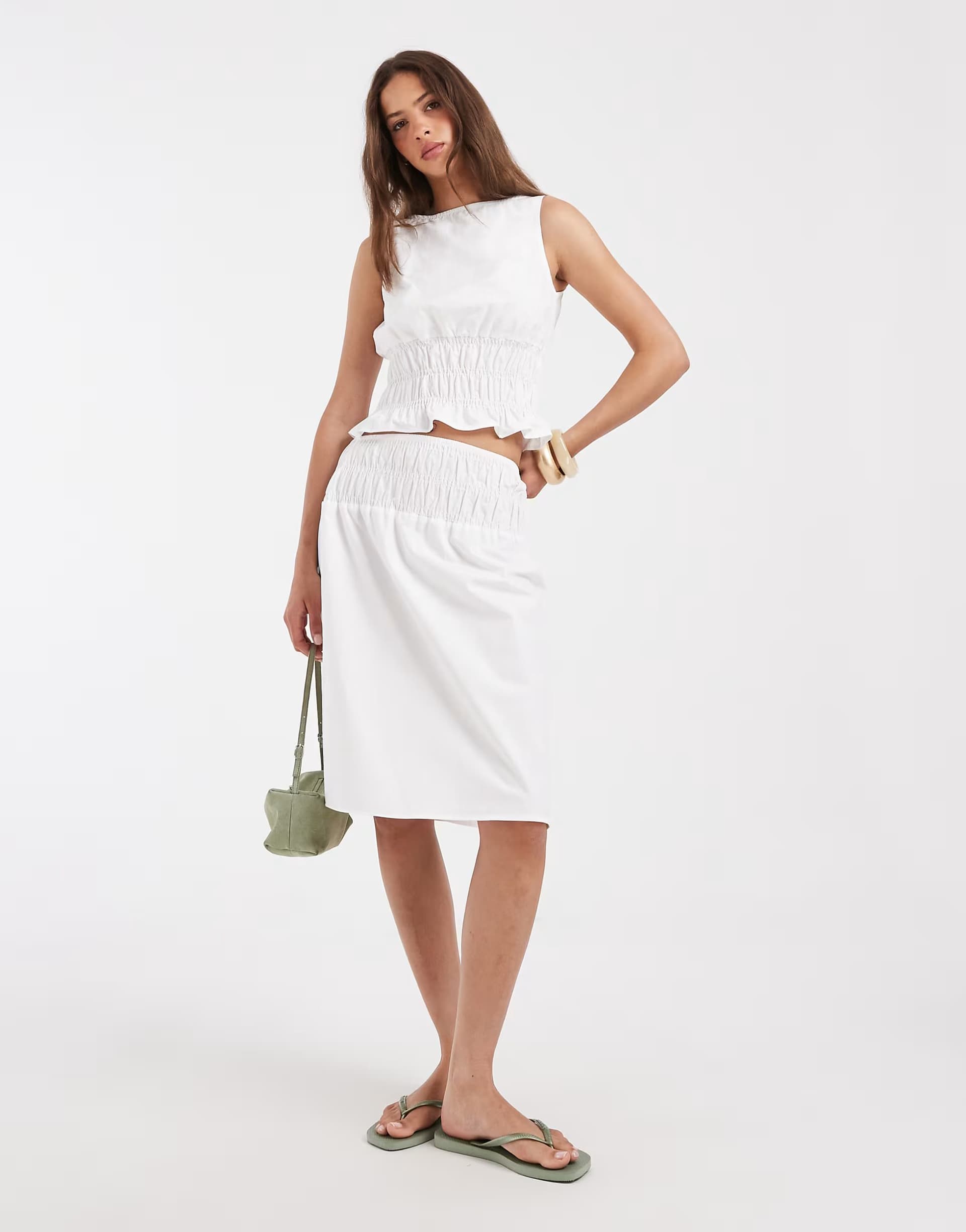 ASOS ASOS DESIGN shirred waist midi length skirt in white co ord