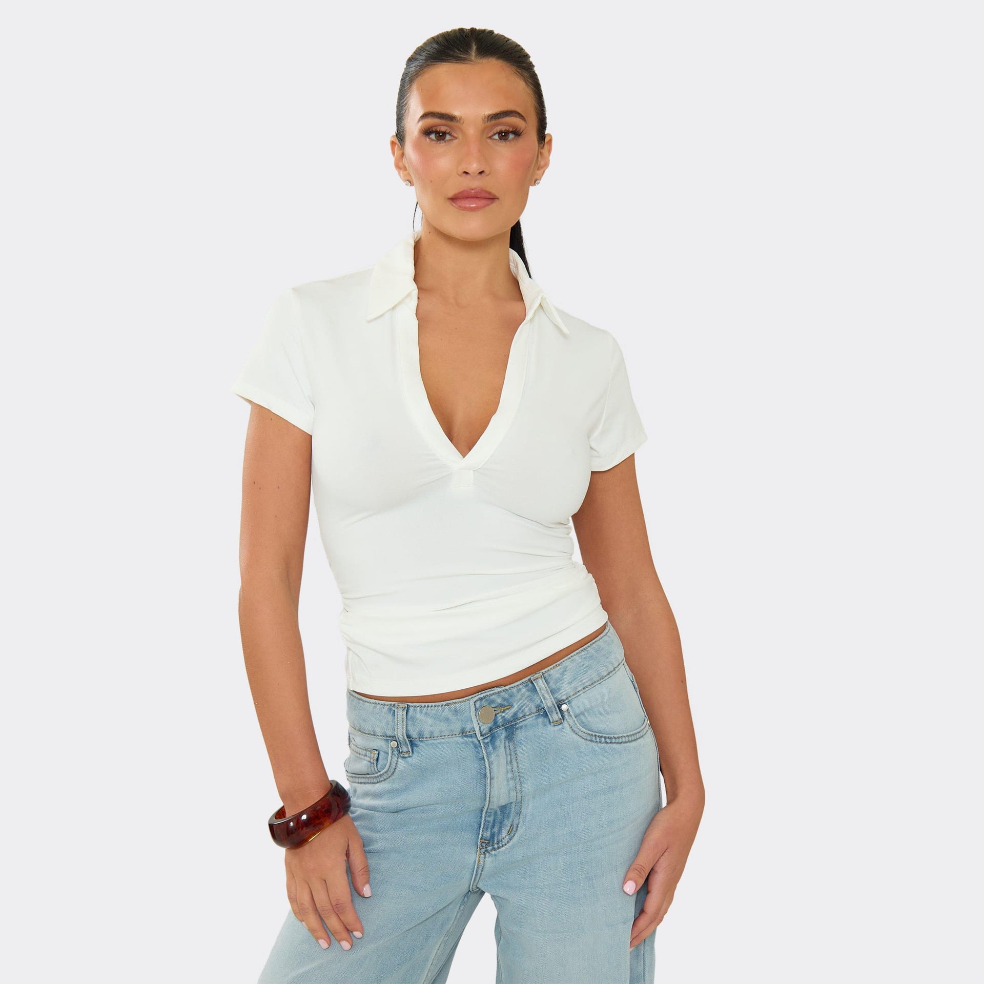 EGO White V-Neck Collared Detail Top