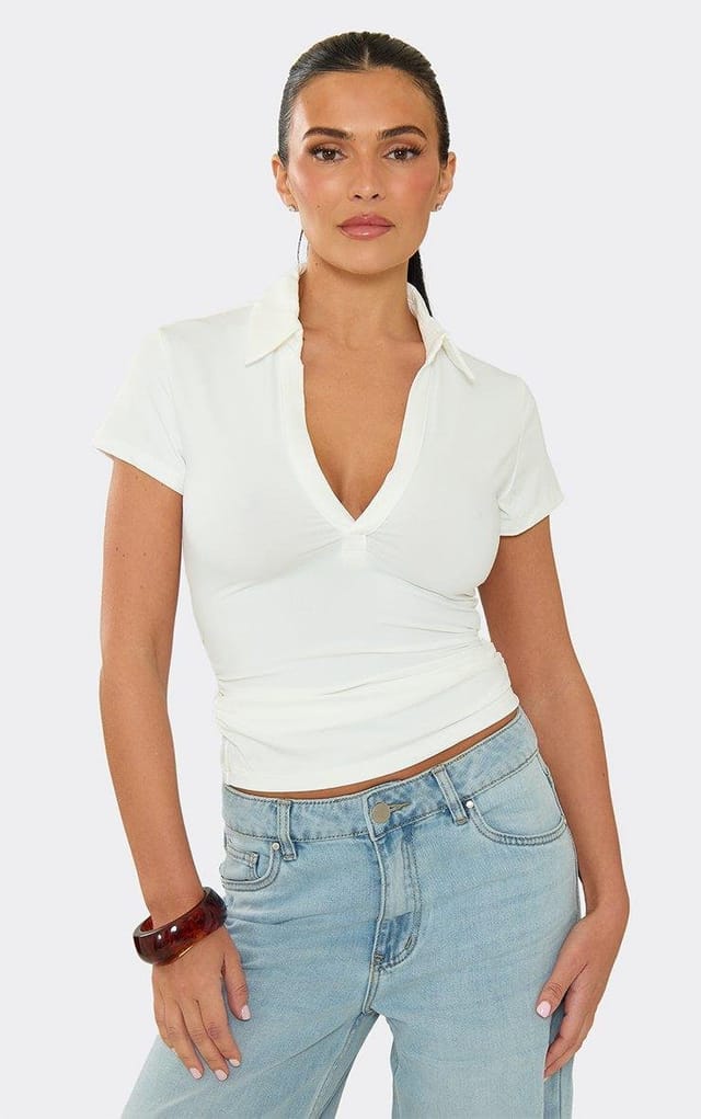 EGO Short Sleeve V Neck Collared Detail Top In White, Women's Size UK L - 2