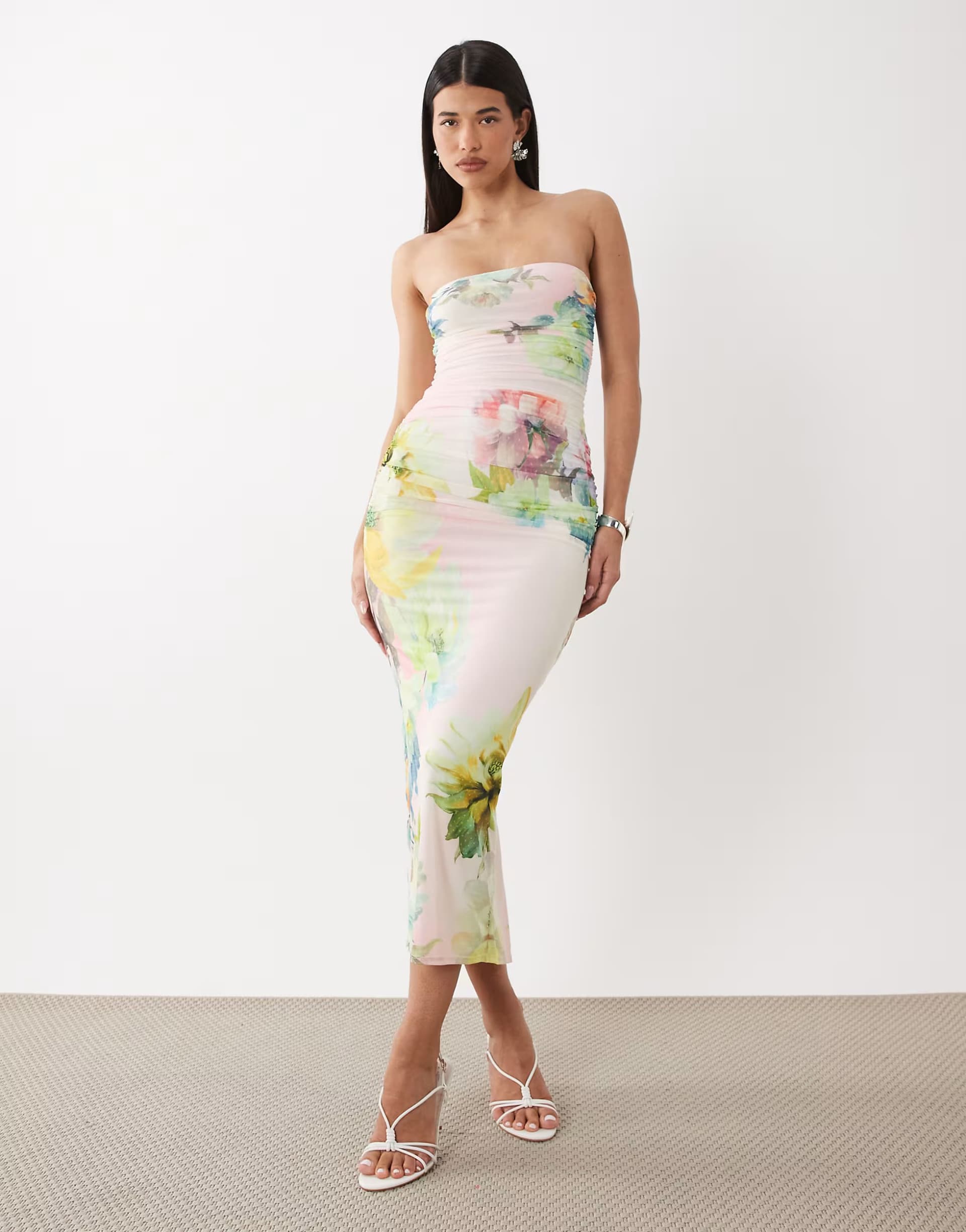 ASOS AFRM Marlo printed mesh bandeau maxi dress in pink floral