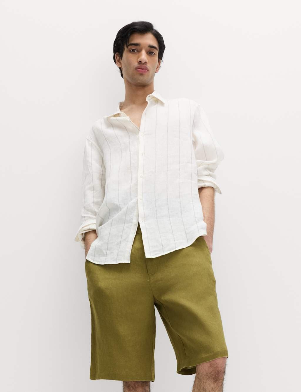 Marks & Spencer M&S Loose Fit Pure Linen Chino Shorts Olive