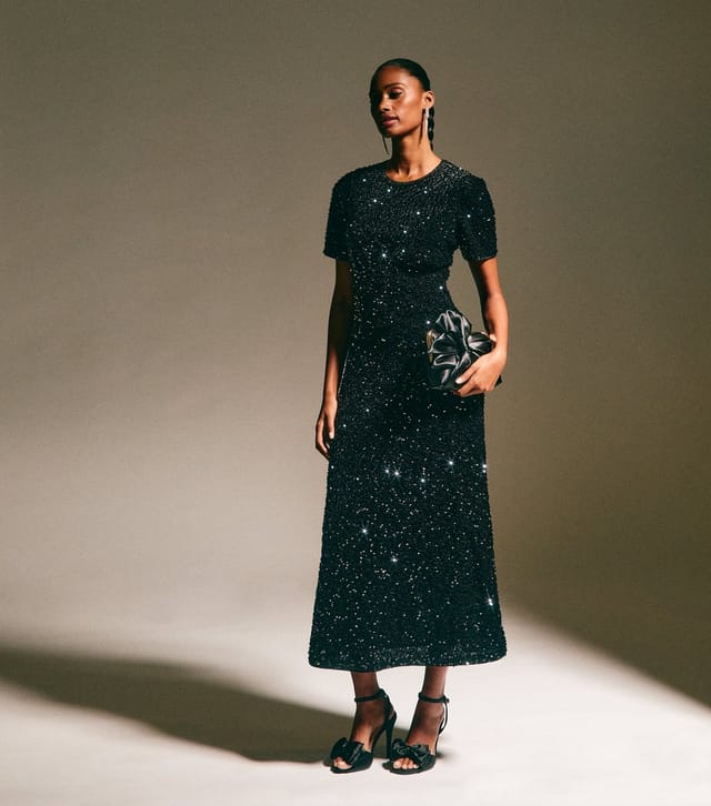 New Look Women's Black Velvet A-Line Midi Sequin Dress New Look - 3