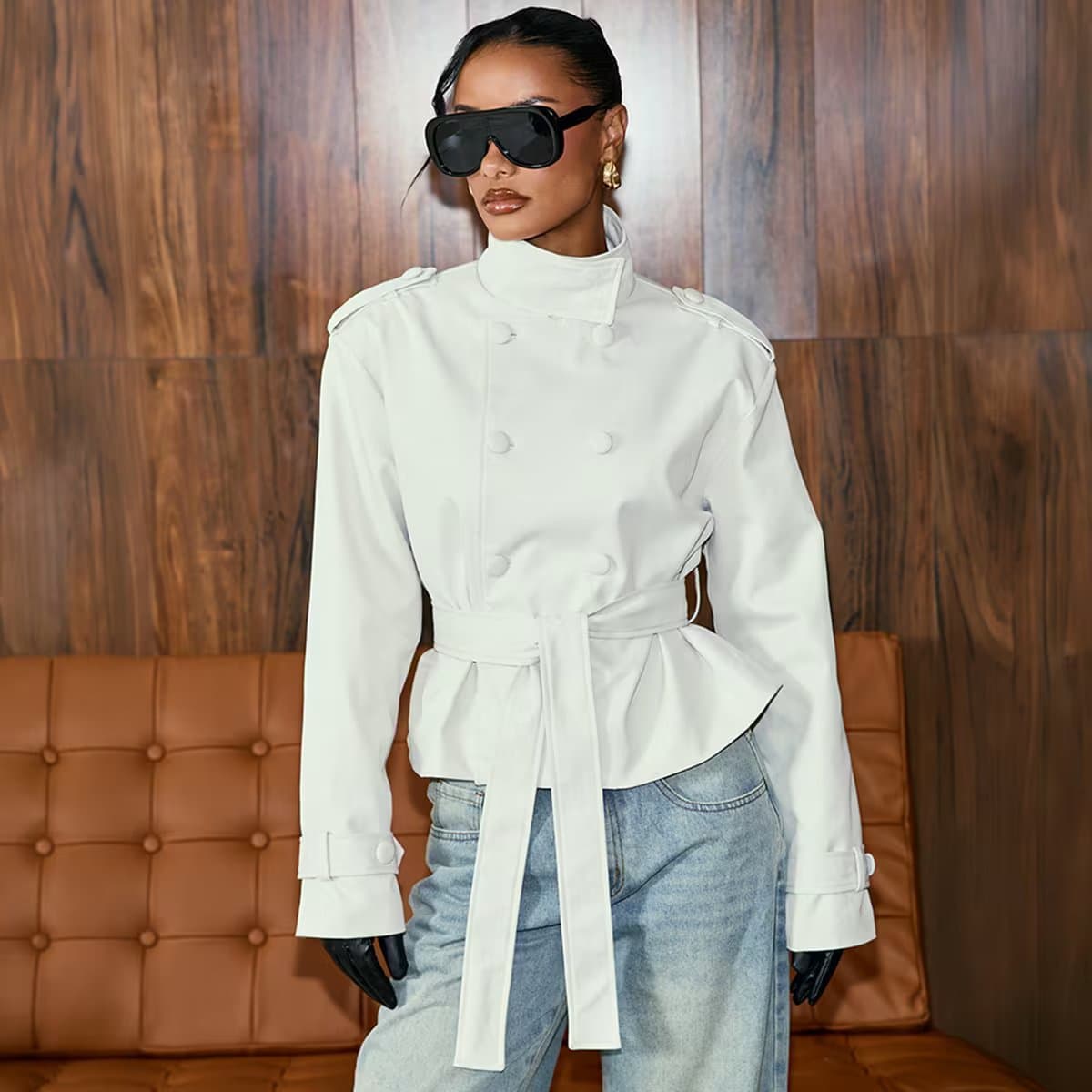 EGO Long Sleeve Funnel Neck Tie Belt Waist Trench Jacket In Stone, Women's Size UK 6