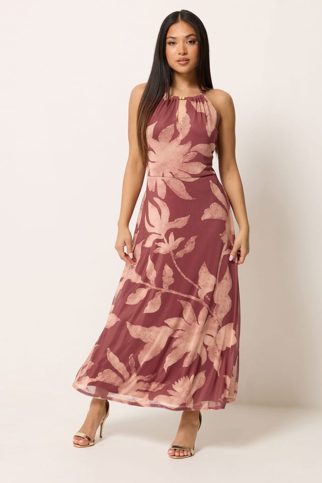M&Co M&Co Women's Petite Mesh Halter Neck Maxi Dress in Dark Pink - 3